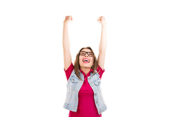 Happy excited woman with arms raised up celebrating success