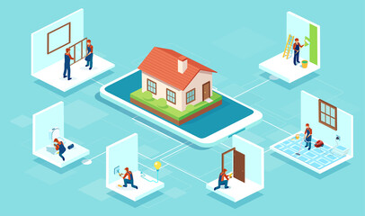 Home building and renovation services by a team of construction men concept