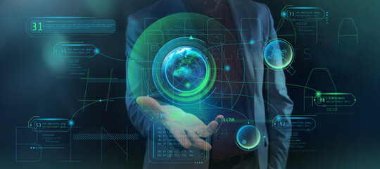 Earth projection with infographic data over palm.