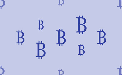 Seamless pattern of large isolated blue bitcoin symbols. The pattern is divided by a line of elements of lighter tones. Vector illustration on light blue background