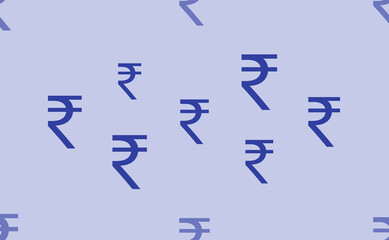 Seamless pattern of large isolated blue indian rupee symbols. The pattern is divided by a line of elements of lighter tones. Vector illustration on light blue background