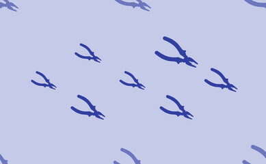 Seamless pattern of large isolated blue pliers symbols. The pattern is divided by a line of elements of lighter tones. Vector illustration on light blue background
