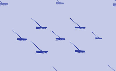 Seamless pattern of large isolated blue rake symbols. The pattern is divided by a line of elements of lighter tones. Vector illustration on light blue background