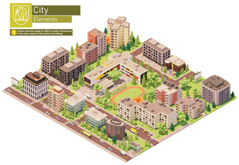 Vector isometric city or town block with school building. Buildings, houses, homes and offices. People and transport on the streets.