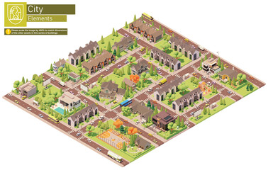 Vector isometric city suburban area block. Buildings, houses, homes, townhouses and cottages. People and transport on the streets.