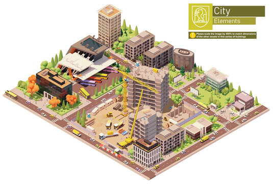 Vector isometric city or town block with building construction site and bus terminal. Buildings, houses, homes and offices. People and transport on the streets.