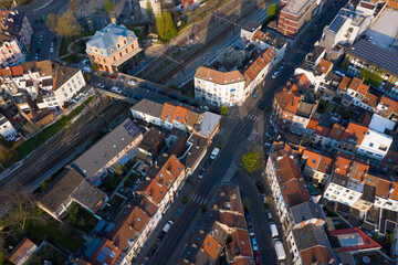 Brussels, Laeken, Belgium, April 8, 2020: Aerial view of Laeken street with tram rails