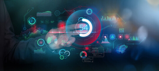 Businessman works with data array virtual infographics.