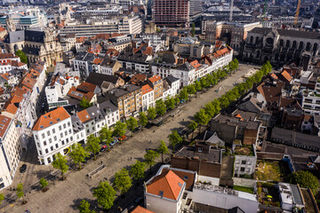 Brussels, Belgium - April 18, 2020 -Aerial view on Quai aux Briques and Sainte-Catherine Church,...