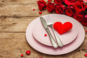 Romantic dinner table. Love concept for Valentine's or mother's day, wedding cutlery