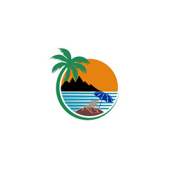 Fototapeta premium tropical beach, lounge chair. Deck chair and beach umbrella on the sand coast. Flat Design Style.