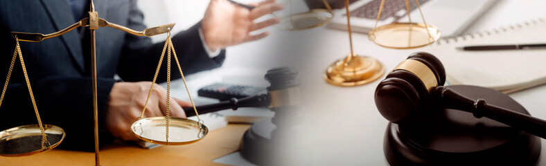 Business and lawyers discussing contract papers with brass scale on desk in office. Law, legal...