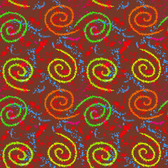 Bright seamless abstract pattern with colored spirals and shapeless strokes on a red background