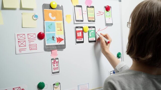 Mobile phone app developers create sketches. Website designers are working on the project interface.