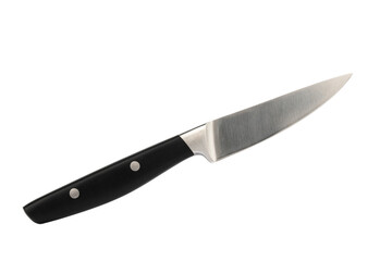 stainless steel paring knife with black plastic handle, insulated on white background