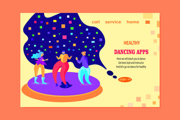 Landing page of people dancing together. For UI, web and apps design, digital app, application. 