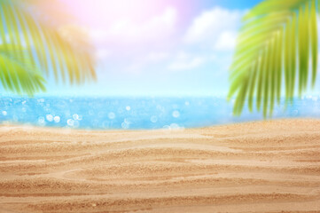 Tropical wet fine sandy beach with blured sea background and empty space for product advertisement  Montage of summer relaxation background