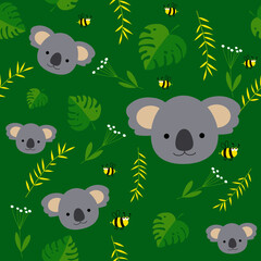 Cute Kids Koala Bears Seamless Vector Pattern, Flat 2D Style Kids Illustration, Childish Animal Print Pattern