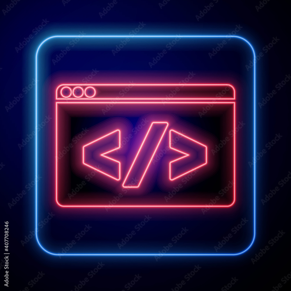 Wall mural glowing neon web design and front end development icon isolated on blue background. vector.