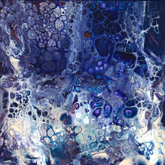 Ocean waves with foam, abstract blue background with bubbles, fluid painting, paint pour