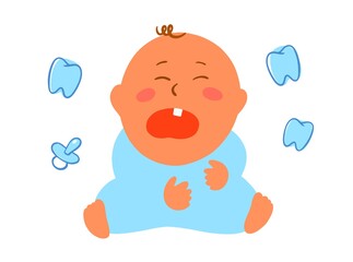 The child has the first tooth, crying baby. Flat style. Teeth and soother.