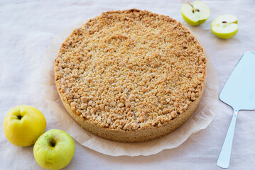 Freshly baked homemade double crutsed apple crumb pie. Sweet food.