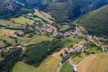 Nans-Sous-Sainte-Anne, France, August 3, 2020 - aerial vue of village in Doubs of...