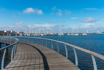 Boardwalk and marina in the village Burgtiefe on the  in the south of the baltic sea island of Fehmarn
