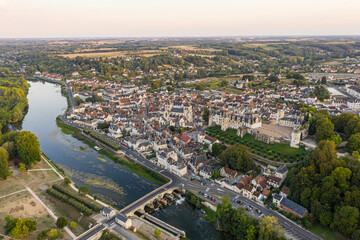 Fototapeta na wymiar Aerial view of Saint-aignan-sur-cher, old castel and river the Cher, in the loir-et-cher