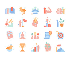 Colored vector icons set of personal growth and self development icons. Containing such icons as training, newbie, new idea, skill Improvement, meditation and others.