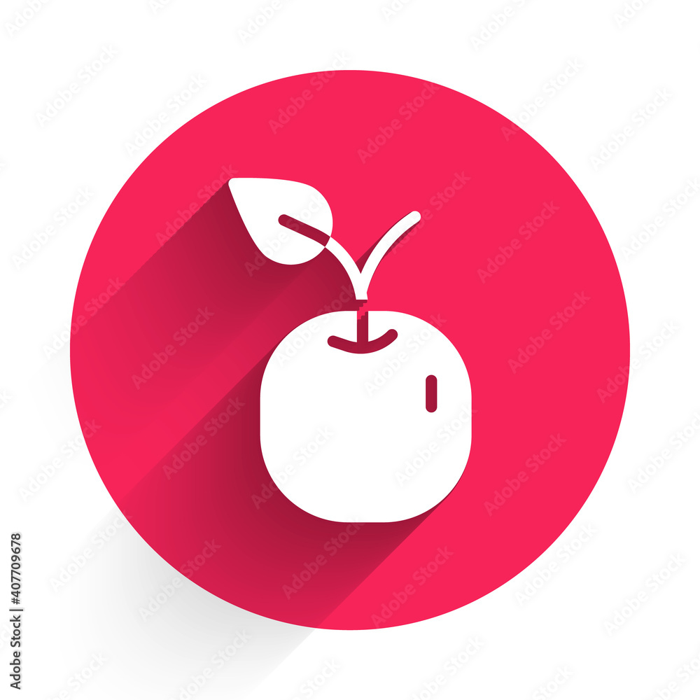 Poster white apple icon isolated with long shadow. fruit with leaf symbol. red circle button. vector.