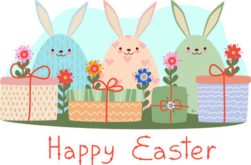 A postcard with Easter bunnies and gift boxes. Vector graphics drawn by hand in a cartoon style