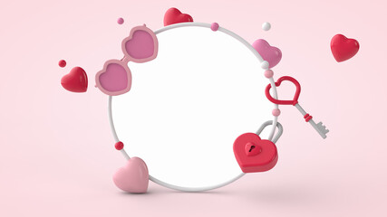 3d illustration. Valentine's day  greeting card and wedding invitation card template. Round frame, key, heart-shaped lock, heart shaped glasses and hearts on pink background