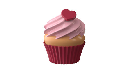 Valentines day dessert. Cupcake with pink cream and red heart on white background.  3d illustration