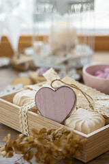 Festive decorated food composition with zephyr and meringue