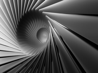 3d render of abstract black and white art of surreal 3d background with part of turbine jet engine with sharp blades in matte metal material or funnel in spiral pattern with hole in the centre  © Philipp