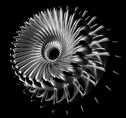 3d render of abstract art with surreal 3d machinery industrial turbine engine, flower or wheel in spherical spiral twisted shape with fractal structure in matte aluminum metal with silver parts