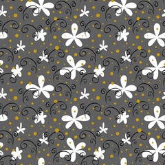 Abstract floral seamless pattern with white flowers. Simple fabric design. Vector illustration.