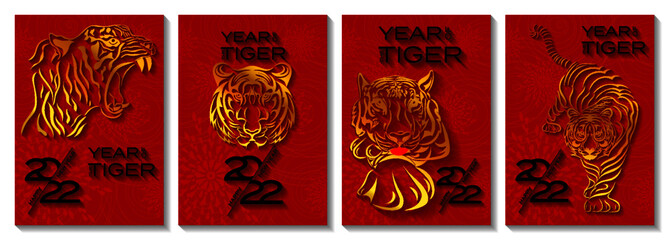 Set of vertical Chinese New Year vector backgrounds, banners, cards, posters. Oriental zodiac symbol of 2022. Chinese New Year 2022 Year of Tiger. 