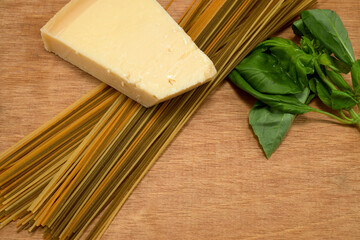 Cheese, pasta and basil, ingredients of Italian food
