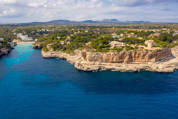 An aerial view on Cala Santanyí shoreline on Mallorca island in the Mediterranean Sea