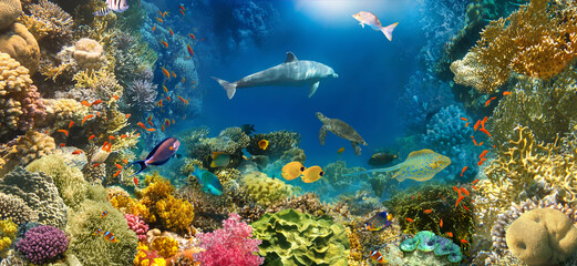 unterwasserparadies hintergrund korallenriff wild lebende tiere natur collage mit hai mantarochen meeresschildkröte bunter fischhintergrund