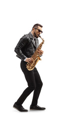 Full length profile shot of a man in a leather jacket playing a saxophone