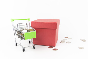 Mini silver shopping cart with coin in the cart and red box on white background.