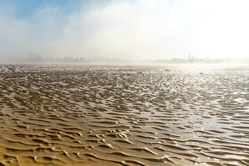 landscape of fog lifting over an endless wadden sea beach at low tide