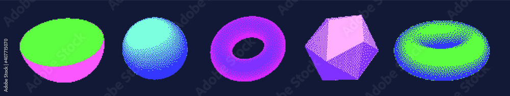 Poster set of abstract 3d shapes: sphere, torus and icosahedron. vaporwave and retrowave pixel art style il