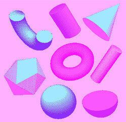 Set of abstract 3D shapes: sphere, torus and icosahedron. Vaporwave and retrowave pixel art style illustration in neon vivid colors.