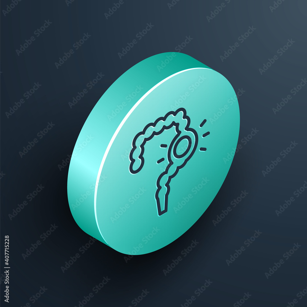 Poster isometric line gut constipation icon isolated on black background. bowel problems. turquoise circle 