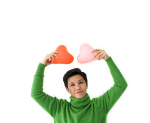 Asian ethnic LGBT tomboy holding heart shape balloon looking for good date and relationship