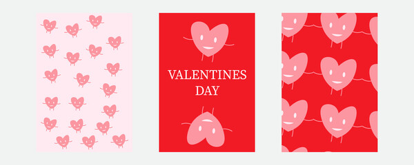 Happy hearts on red Valentine's day greeting card. Festive holiday poster, invitation design. Be by girl handwritten text. Love and Valentine's day concept. Two hearts greeting card.	
